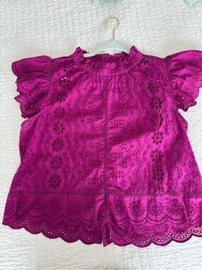 Lace Eyelet Flutter Sleeve Top | Magenta